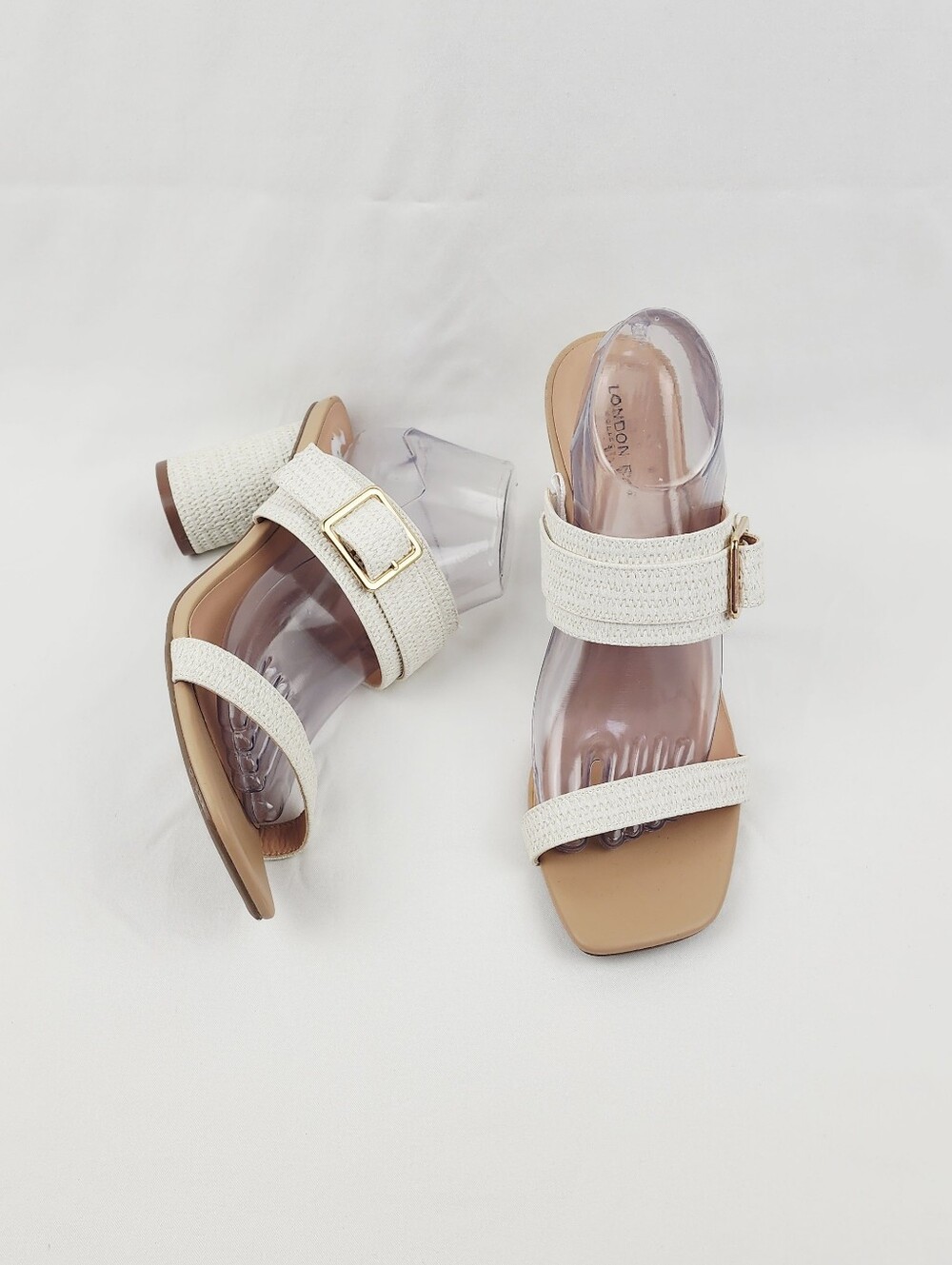 London Fog Collection Vaeda Cream Chunky Heel Sandals